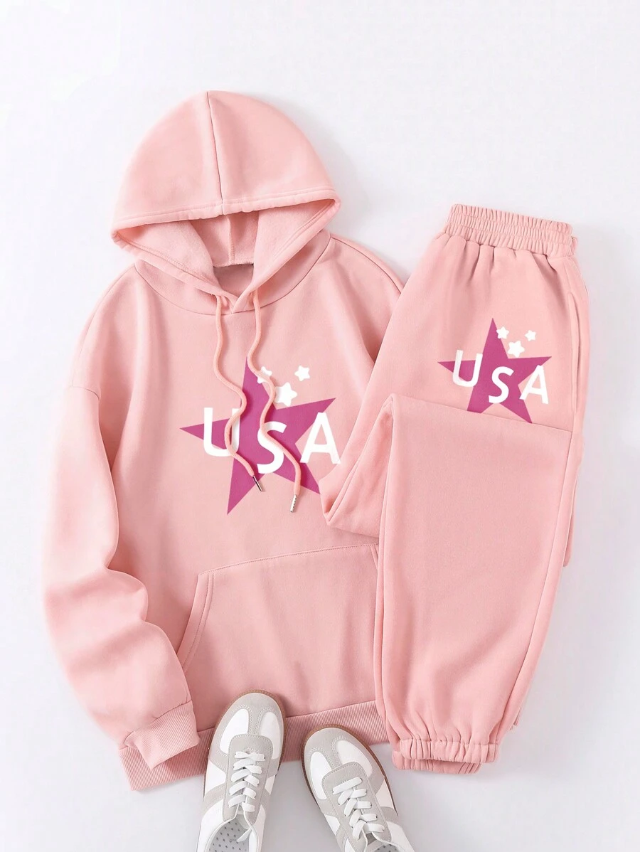 INAWLY 2pcs Star & Letter Print Hooded Sweatshirt And Long Pants Set - Baby Pink - View 1