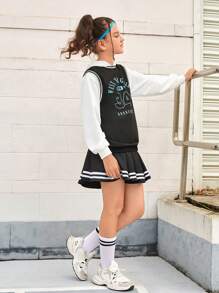 SHEIN 适合青少年女孩的超大款连帽衫，绿色运动图案印花，休闲宽松版型，适合滑板、篮球、羽毛球等运动，秋冬季穿着。 - 彩色 - 查看 4