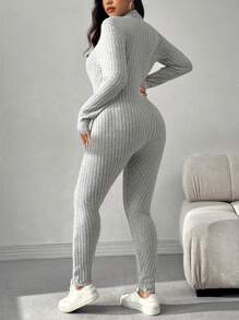 SHEIN EZwear 大码纯色长袖前拉链简约连体裤，休闲日常穿着 - 淺灰色 - 查看 2