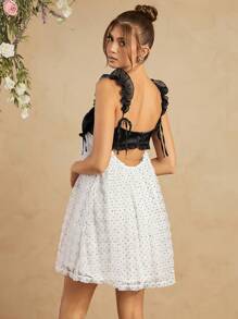 L'Amorae Satin Dotted Floral Mesh Babydoll Cami Dress