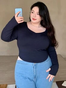 Dazy Plus Plus Size Solid Color Sweetheart Neck Slim-Fit Base Layer T-Shirt,Fall Clothes - Navy Blue - View 4