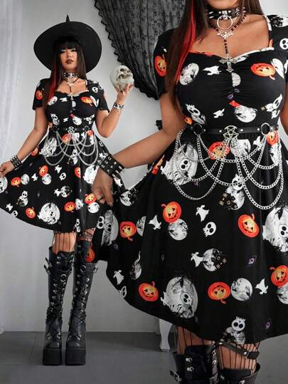Whyspr Plus Size Halloween Funny Pumpkin Party Dark Short Sleeve Dress, Black