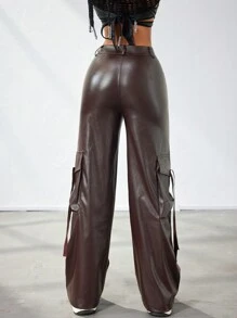 Apperloth A Street Style Flap Pocket Side Tape PU Leather Wide Leg Cargo Pants - Brown - View 2