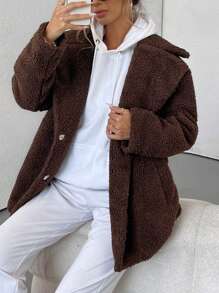 EMERY ROSE 毛绒绒翻领中长款大衣 蓬松保暖冬季外套夹克 - 棕色 - 查看 5