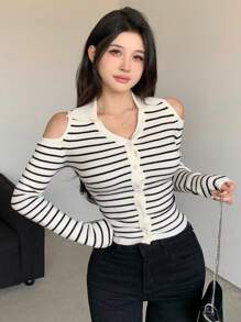 DAZY Plaid Patchwork Slim Fit V-Neck Knit Cardigan,Fall Clothes - Black and White - View 4