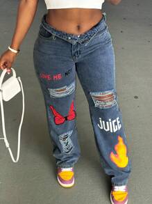 Young Casual American Style Graphic Print Jeans Spring - Dark Wash - View 8