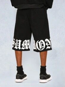 SUMWON Short vaquero con gráfico impreso de letra gótica - Negro - Ver 1