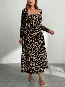 Firerie Plus Leopard Print Square Neck Dress - Multicolor - View 4