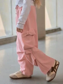 Girls'Baby Pink Bow Cargo Pants,Summer Back-To-School Practical Pockets Leg Workwear Sweet Style Autumn/Winter Decorated With Large Bow Cool Pants - Baby Pink - View 5