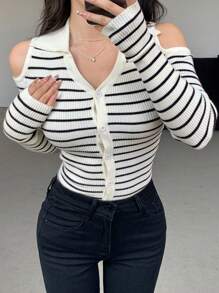 DAZY Plaid Patchwork Slim Fit V-Neck Knit Cardigan,Fall Clothes - Black and White - View 9