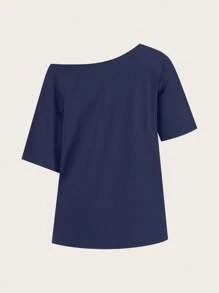 SHEIN Essnce Navy Blue Casual Minimalist No.98 Graphic Dropped Shoulder T-Shirt For Women, Summer Suitable For Going Out