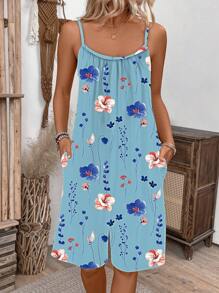 Chiquease Mono casual suelto con bolsillos y estampado floral para mujer