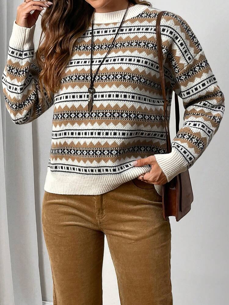Women's Multicolored Jacquard Knit Sweater With Round Neck, Long Sleeve