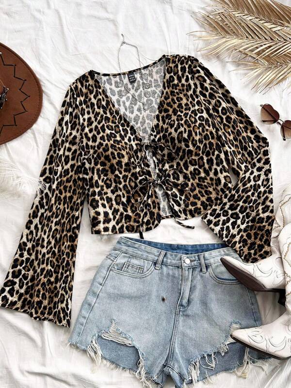 Soleia Women's V-Neck Tie Front Leopard Print Vacation Shirt,Long Sleeve Tops