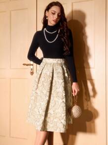 Vintamour Chân váy chữ A thanh lịch kiểu cổ điển dành cho nữ với họa tiết hoa jacquard, hoàn hảo cho mùa xuân và mùa hè, màu xanh dương và vàng, thích hợp cho các lễ hội mùa hè, Ngày của Mẹ, lễ tốt nghiệp, tiệc tùng, buổi hòa nhạc. - Màu be - Xem 4