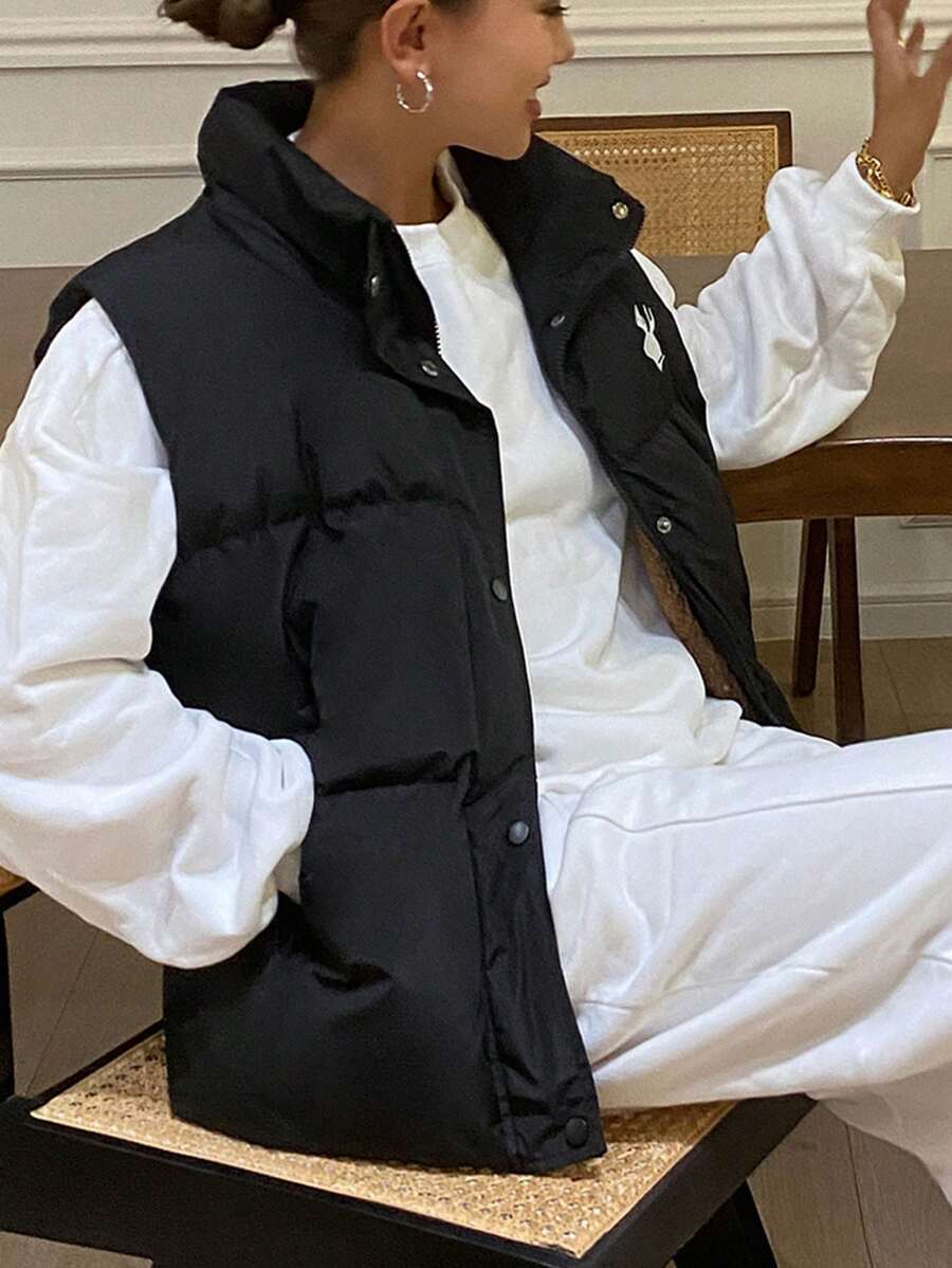 DAZY Women's Embroidered Collar Loose Warm Sleeveless Padded Coat Vest, Winter, Winter Women Clothes, Padded Coat Women Jacket - Black - View 1