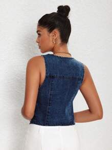 SHEIN Essnce 女式春夏单排扣 V 领休闲牛仔夹克 - 深色水洗藍 - 查看 2