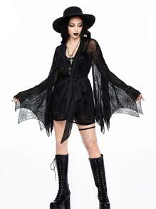 ROMWE Áo cánh ren thắt nơ kiểu Gothic gợi cảm, giản dị, gợi cảm dành cho nữ - màu đen - Xem 5
