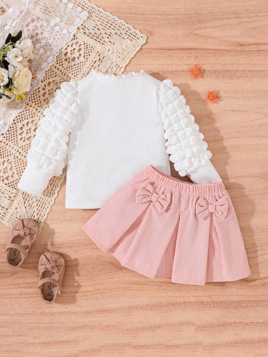 Bộ váy trang trí tay bồng đan sọc chắp vá cho bé gái kèm nơ đôi bằng vải nhung - Hồng - Xem 1