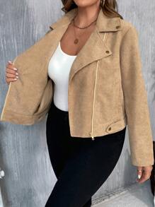SHEIN VCAY Chaqueta corta minimalista con cremallera delantera y manga larga para vacaciones, talla grande - Caqui - Ver 3