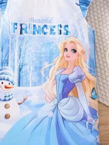 SHEIN Young Girl Blue Casual Cute Cartoon Frozen Princess Cap Sleeve Comfortable Breathable Printed T-Shirt Dress