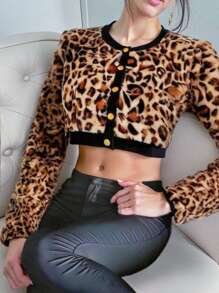 SHEIN ICON Damen Kürze Jacke mit Leoparden Muster, Farbblöcke und Teddyfell für Herbst/Winter