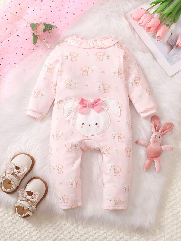 Baby Girl Apricot Cute Animal Print Knitted Ruffle Collar & Pink Bow Embroidered Jumpsuit, Autumn