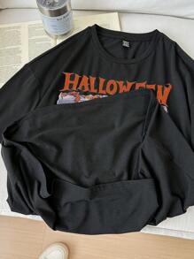 Muchica 超大款万圣节热闹小镇图案圆领短袖 T 恤，女式休闲棉质套头衫，男女通用 - 黑色 - 查看 4