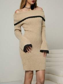 Chiquease Color Block Off-Shoulder Long Sleeve Sweater Dress