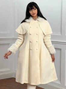 Lyrianda Plus Size Women's Solid Color Long Woolen Casual Coat - White - View 3