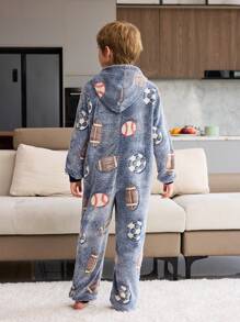 青少年男孩睡衣 - 蓝色简约舒适夜光恐龙毛绒长袖连帽连体衣（爸爸和我的配套服装 2 件单独出售） - 藍色 - 查看 2