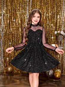 Tween Girl 网眼长袖闪光面料派对礼服，适合婚礼、派对、圣诞节