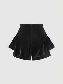 SHEIN MOD Elegant High Waist Ruffle Trim Button Decor Velvet Shorts,Black Ruffle Shorts,Black Shorts,Petite Women Pants,Hollowed Costumes,Bunny Women Costume,Winter Women Dress,Cat Woman Costume,Devil Costume
