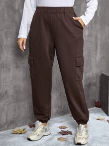 EMERY ROSE Quần dài đơn giản xếp ly túi màu trơn cỡ lớn, quần áo mùa thu cho nữ - màu nâu - Xem 1