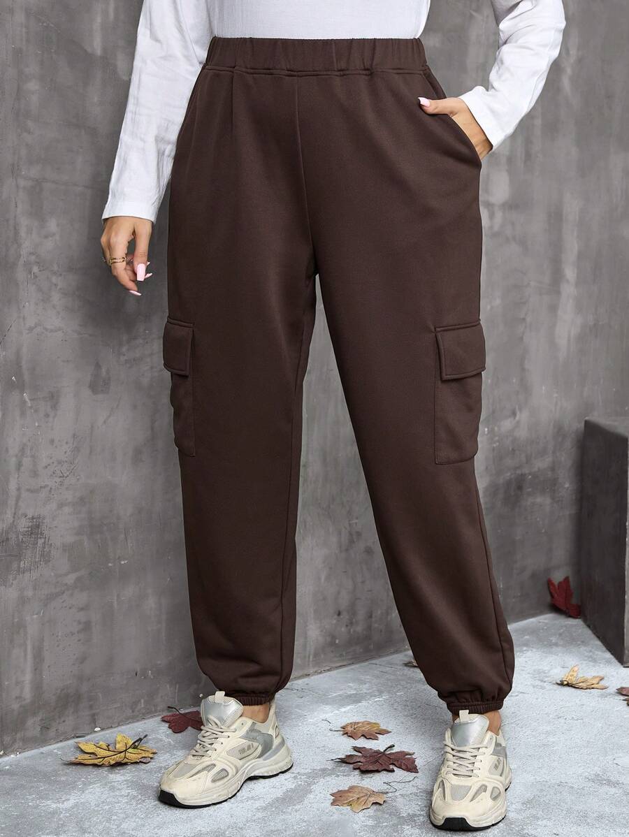 EMERY ROSE Quần dài đơn giản xếp ly túi màu trơn cỡ lớn, quần áo mùa thu cho nữ - màu nâu - Xem 1