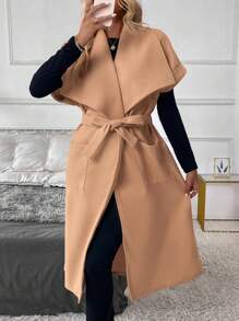 SHEIN Clasi Women's Solid Color Turndown Collar Double Pocket Long Sleeve Casual Coat, Autumn Winter - Camel - View 4