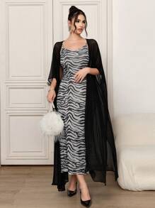 Modelyn Graceful Mesh Cover-Up Jacket And Zebra Print Camisole Dress Set, Spring-Summer - Coffee Brown - View 3