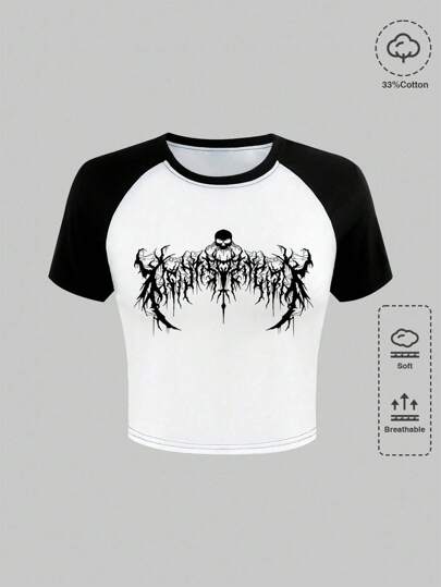 Grunge Punk Y2K Dark Vintage Gothic Skull Slogan Print Round Neck Slim Fit Contrast Raglan Sleeve T-Shirt