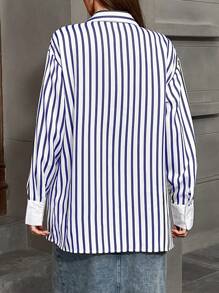 EMERY ROSE Camisa de manga larga informal con botones y rayas de color contrastante oversize para mujer - Azul Marino - Ver 2