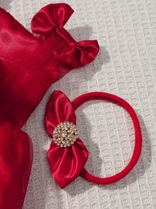 SHEIN 新生女婴 100 天红色蕾丝连衣裙（带头带）摄影连衣裙套装 - 紅色 - 查看 8