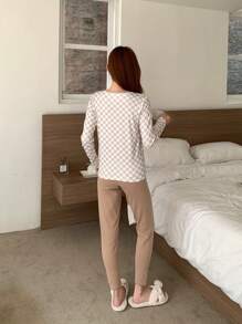 DAZY Checkerboard Patchwork Thermal Lined Fitted Pajama Set,Thermal Lined Fall,Winter - Khaki - View 2