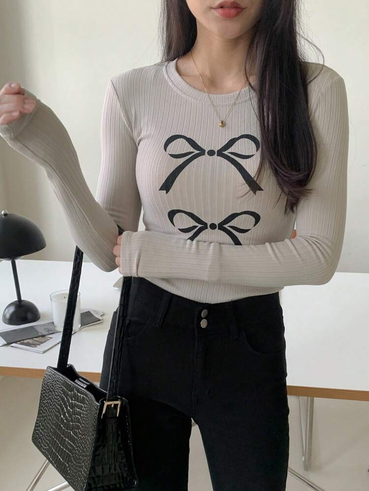 Women's Crew Neck Bowknot Design T-Shirt,Fall Clothes Long Sleeve Women Tops Graphic Tee