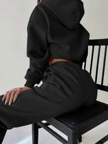 INAWLY Bộ 2 áo hoodie và quần nỉ in chữ thường ngày cho nữ, mùa thu đông - màu đen - Xem 2