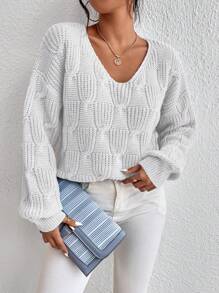 Chiquease Solid V-Neck Long Sleeve Casual Pullover Sweater Knit Pullover Fall Winter Outfit