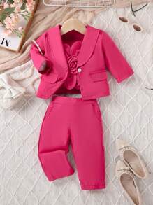 3pcs/Set Baby Girl Elegant Floral Front Casual Outfits, Spring & Fall - Hot Pink - View 3