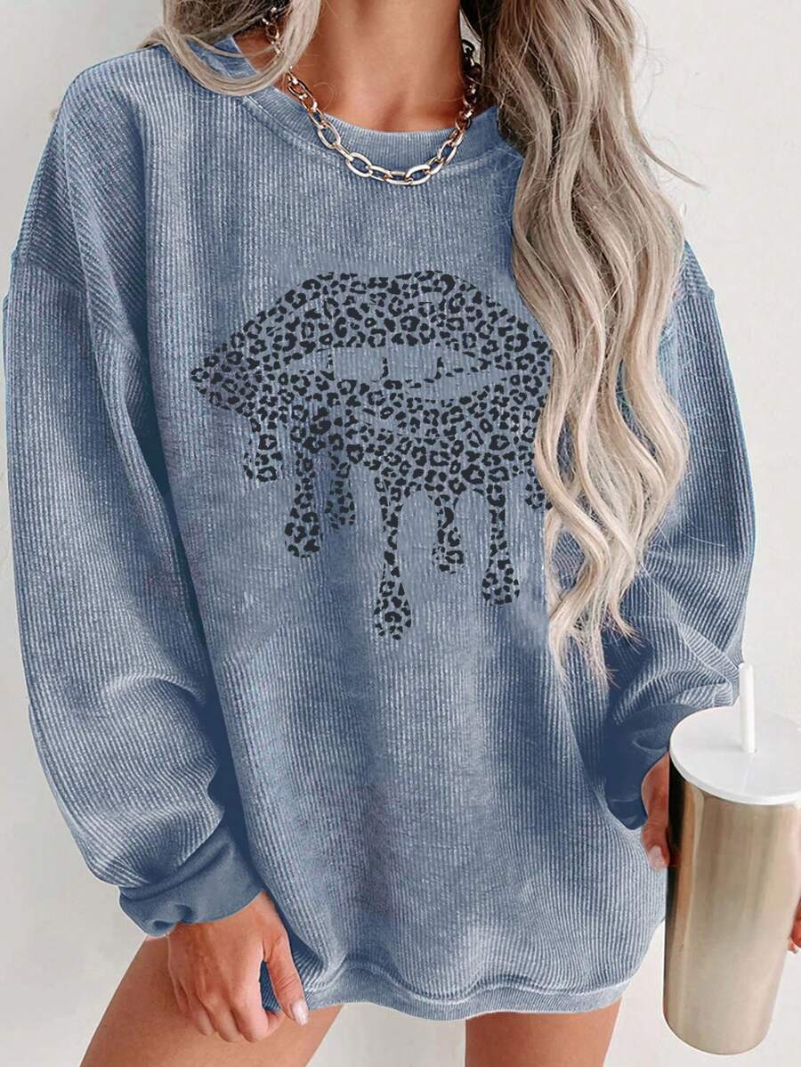 INAWLY Plus Size Women Spring Autumn Leopard & Lip Print Crew Neck Long Sleeve Casual T-Shirt, For Winter Fall Cloth For Women - Blue - View 1