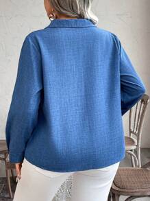 SHEIN LUNE 大码花卉刺绣长袖简约休闲衬衫 - 藍色 - 查看 2