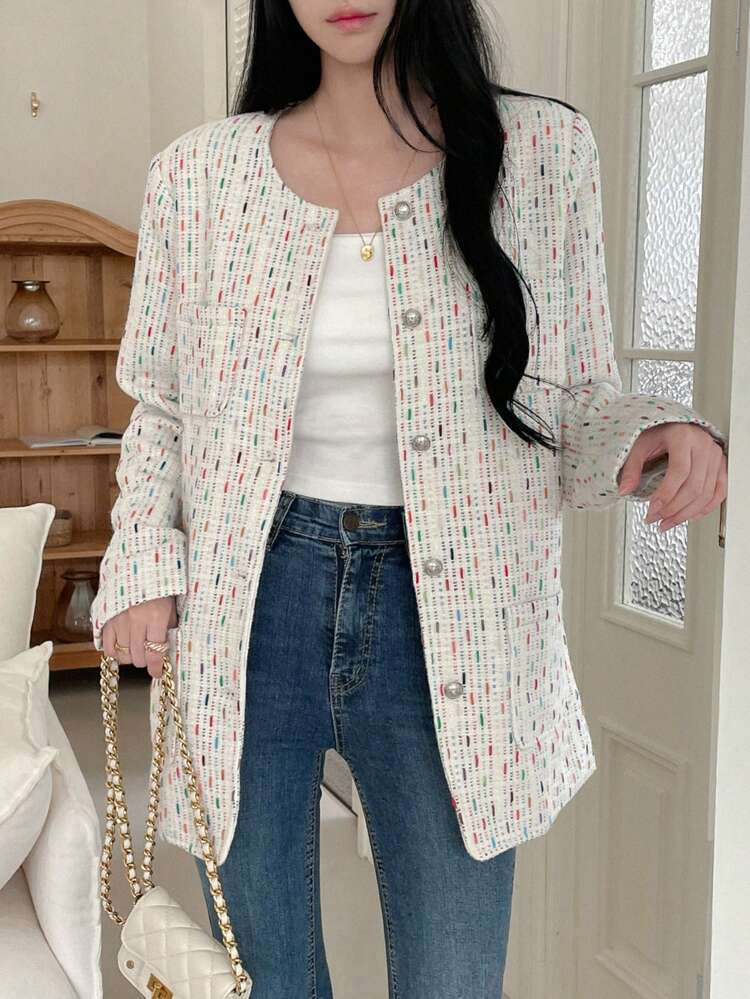 Women's Allover Print Long Sleeve Single-Breasted Casual Jacket, Autumn Winter Women Coats