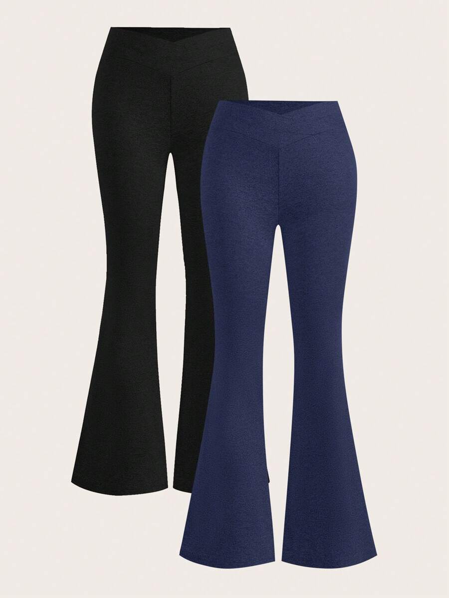 SHEIN EZwear 2pcs Women Crossover Waist Design Skinny Flared Casual Pants Set In Black & Blue, Suitable For Spring And Autumn Suitable For Going Out Women's Sportswear - Multicolor - View 1