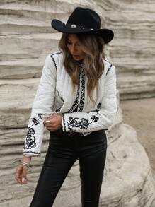 Aveloria Modichic 法式优雅风极简黑白拼色刺绣花朵轻薄长袖夹棉棉服秋冬装 - 米色 - 查看 6